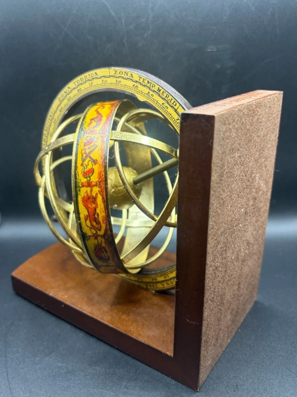 Vintage Italian Brass Armillary Sphere Zodiac Climate Zones Wooden Base Bookend